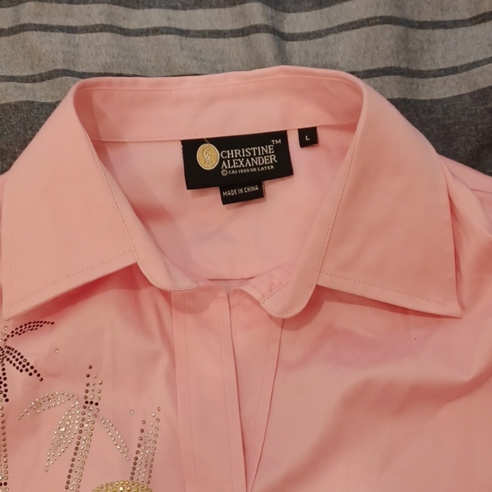 Christine Alexander Crystalli Long Pink Shirt Sz L, palm embellishments - Picture 2 of 6